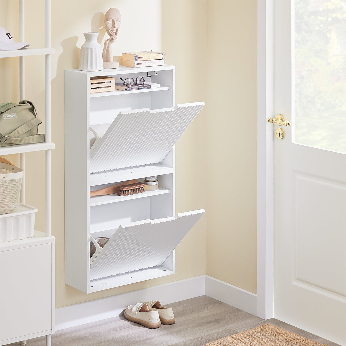 FSR204-W white slim hallway shoe cabinet scene lifestyle narrow entryway Nordic interior