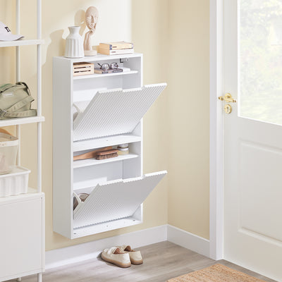 FSR204-W white slim hallway shoe cabinet scene lifestyle narrow entryway Nordic interior