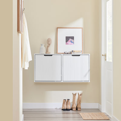 FSR204-W white hallway shoe cabinet reversible swing doors open showing interior