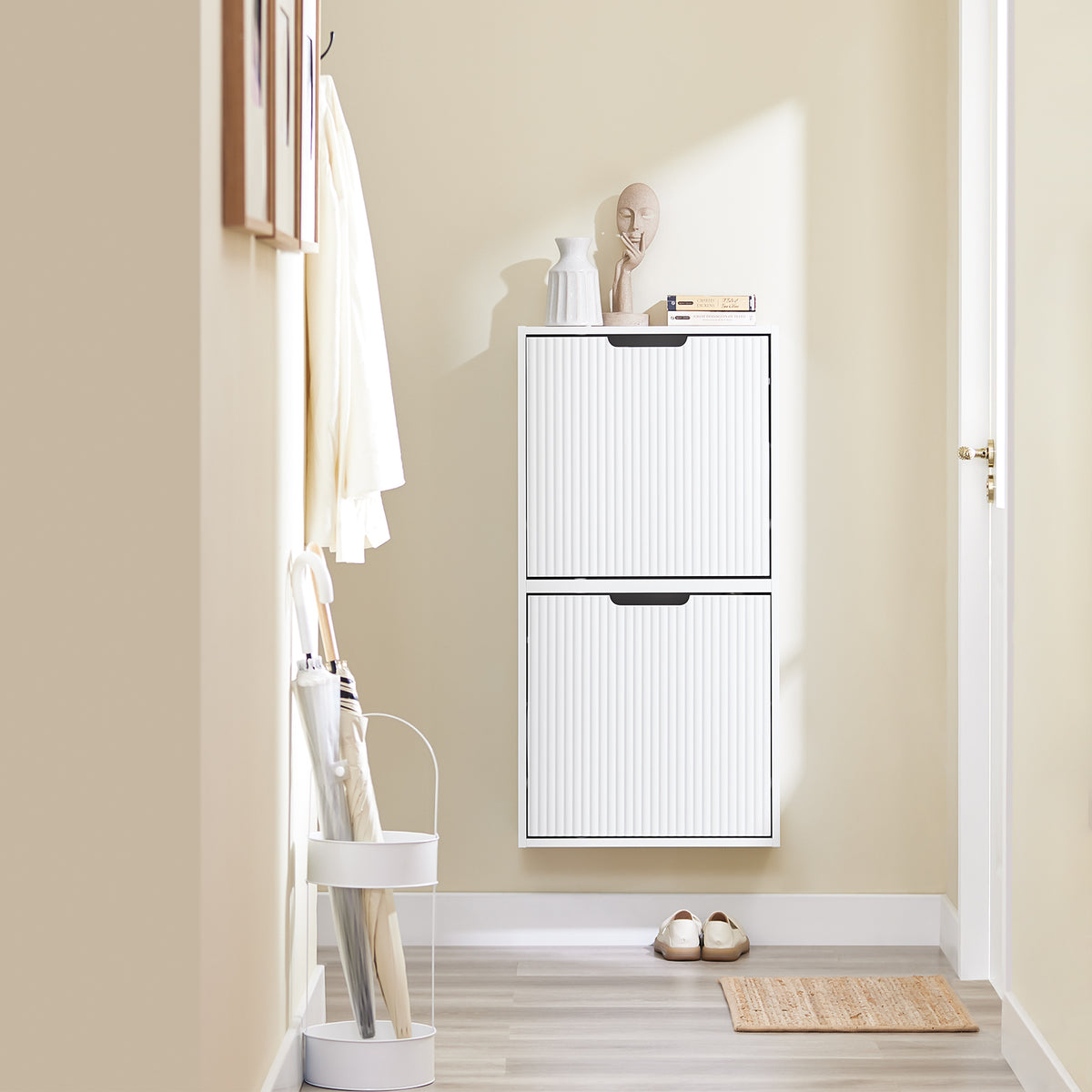 SoBuy FSR204-W white slim shoe cabinet in modern hallway scene 19cm deep Nordic style