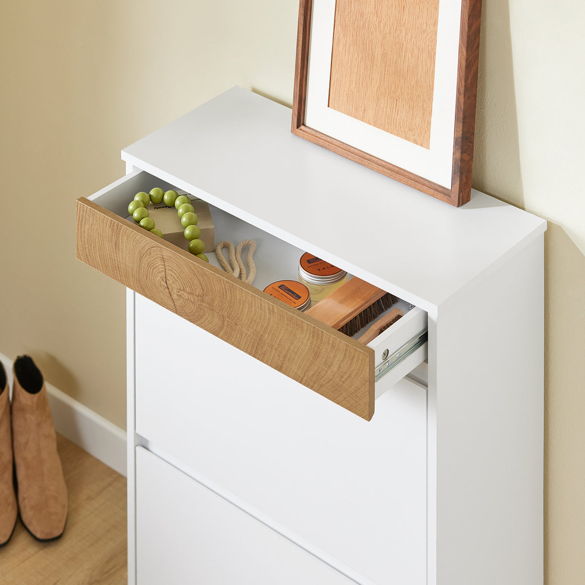 SoBuy FSR205-WN, Shoe Rack Narrow Shoe Storage Cabinet with 2 Adjustable Flip Doors & Drawer for 12 Pairs of Shoes, White & Wood Grain Finish, Compact for Entryway, Easy Assembly, 61x26x91cm
