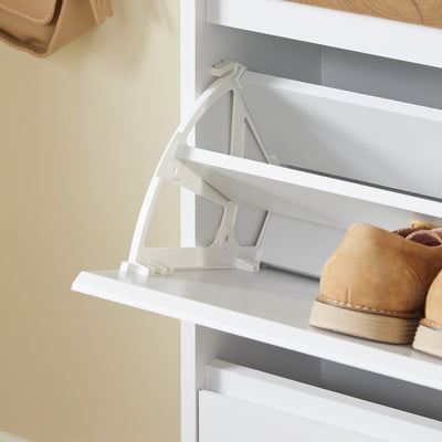 SoBuy FSR205-WN, Shoe Rack Narrow Shoe Storage Cabinet with 2 Adjustable Flip Doors & Drawer for 12 Pairs of Shoes, White & Wood Grain Finish, Compact for Entryway, Easy Assembly, 61x26x91cm