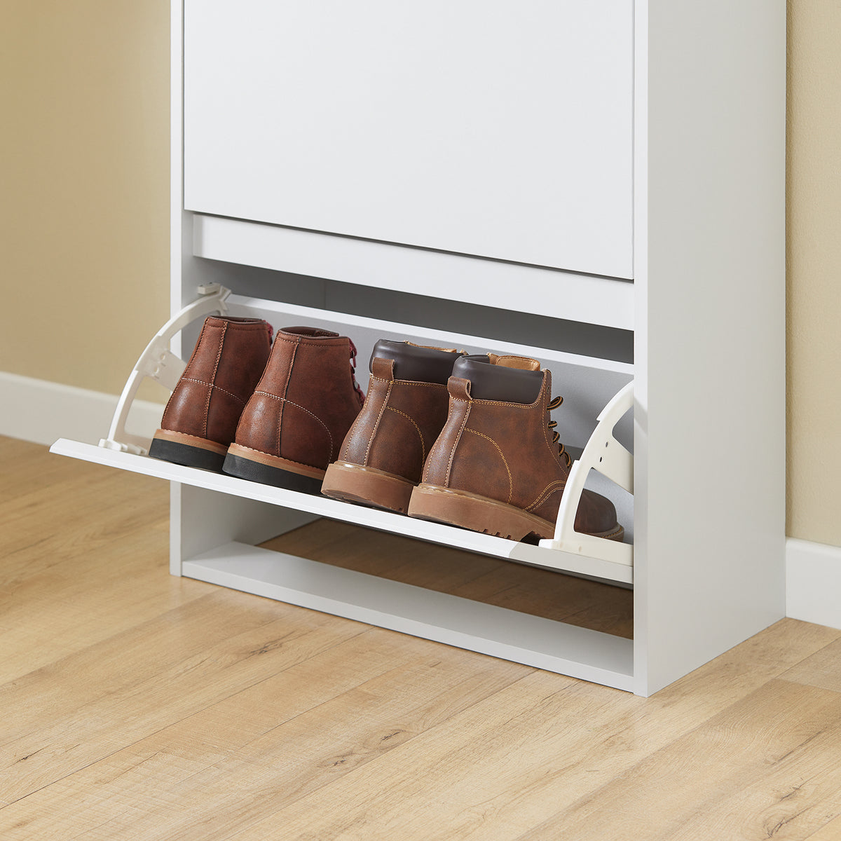 SoBuy FSR205-WN, Shoe Rack Narrow Shoe Storage Cabinet with 2 Adjustable Flip Doors & Drawer for 12 Pairs of Shoes, White & Wood Grain Finish, Compact for Entryway, Easy Assembly, 61x26x91cm