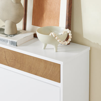 SoBuy FSR205-WN, Shoe Rack Narrow Shoe Storage Cabinet with 2 Adjustable Flip Doors & Drawer for 12 Pairs of Shoes, White & Wood Grain Finish, Compact for Entryway, Easy Assembly, 61x26x91cm