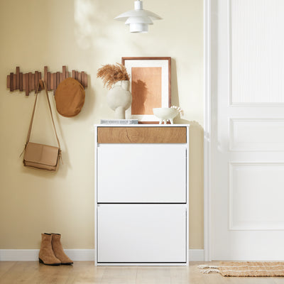 SoBuy FSR205-WN, Shoe Rack Narrow Shoe Storage Cabinet with 2 Adjustable Flip Doors & Drawer for 12 Pairs of Shoes, White & Wood Grain Finish, Compact for Entryway, Easy Assembly, 61x26x91cm