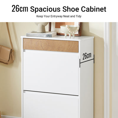 SoBuy FSR205-WN, Shoe Rack Narrow Shoe Storage Cabinet with 2 Adjustable Flip Doors & Drawer for 12 Pairs of Shoes, White & Wood Grain Finish, Compact for Entryway, Easy Assembly, 61x26x91cm