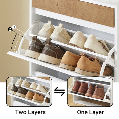 SoBuy FSR205-WN, Shoe Rack Narrow Shoe Storage Cabinet with 2 Adjustable Flip Doors & Drawer for 12 Pairs of Shoes, White & Wood Grain Finish, Compact for Entryway, Easy Assembly, 61x26x91cm