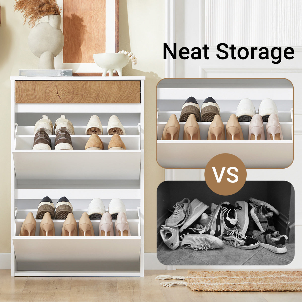 SoBuy FSR205-WN, Shoe Rack Narrow Shoe Storage Cabinet with 2 Adjustable Flip Doors & Drawer for 12 Pairs of Shoes, White & Wood Grain Finish, Compact for Entryway, Easy Assembly, 61x26x91cm