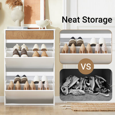 SoBuy FSR205-WN, Shoe Rack Narrow Shoe Storage Cabinet with 2 Adjustable Flip Doors & Drawer for 12 Pairs of Shoes, White & Wood Grain Finish, Compact for Entryway, Easy Assembly, 61x26x91cm