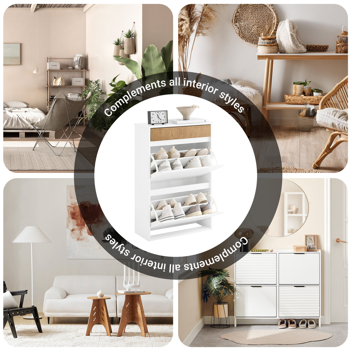 SoBuy FSR205-WN, Shoe Rack Narrow Shoe Storage Cabinet with 2 Adjustable Flip Doors & Drawer for 12 Pairs of Shoes, White & Wood Grain Finish, Compact for Entryway, Easy Assembly, 61x26x91cm