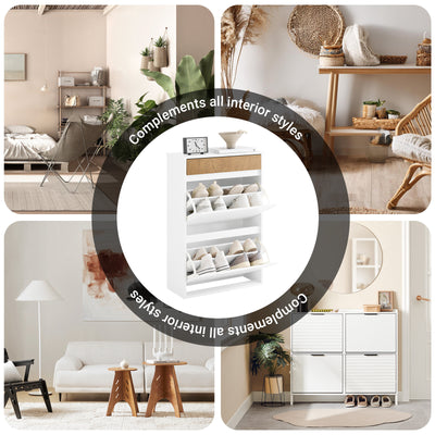 SoBuy FSR205-WN, Shoe Rack Narrow Shoe Storage Cabinet with 2 Adjustable Flip Doors & Drawer for 12 Pairs of Shoes, White & Wood Grain Finish, Compact for Entryway, Easy Assembly, 61x26x91cm