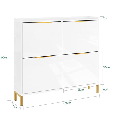 SoBuy FSR206-GW, Narrow Shoe Cabinet - 19cm Slim Hallway Shoe Storage Cabinet with High Gloss White Finish, Gold Handles, Anti-Slip Pads, E1 Board, Easy Assembly - 100x19x90cm