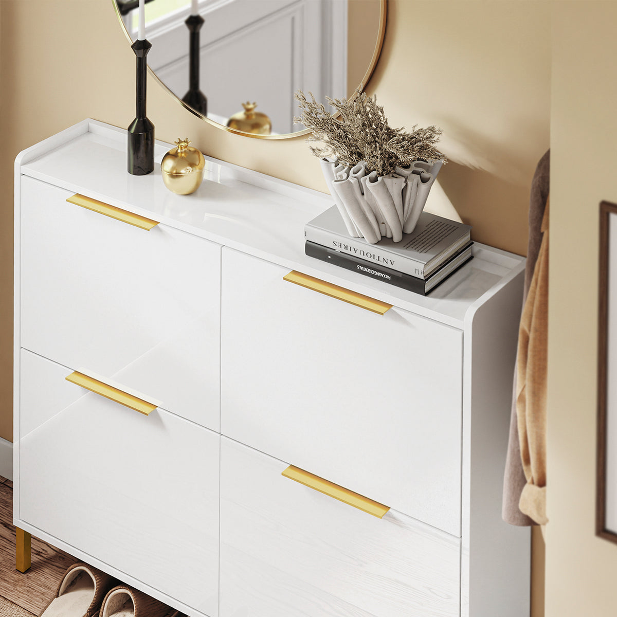SoBuy FSR206-GW, Narrow Shoe Cabinet - 19cm Slim Hallway Shoe Storage Cabinet with High Gloss White Finish, Gold Handles, Anti-Slip Pads, E1 Board, Easy Assembly - 100x19x90cm