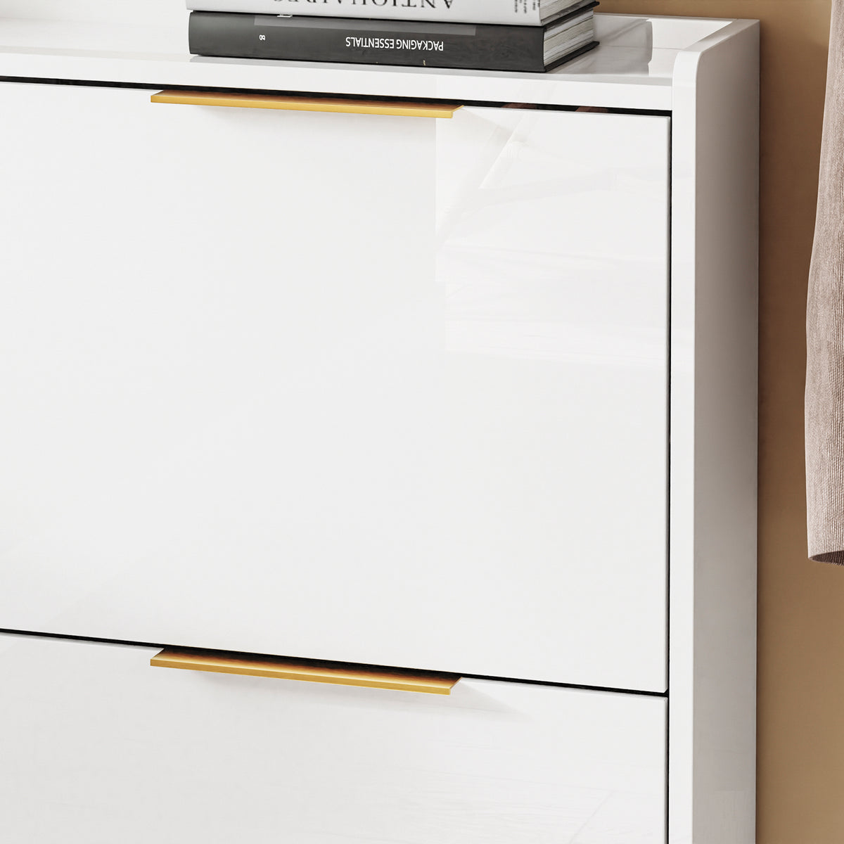 SoBuy FSR206-GW, Narrow Shoe Cabinet - 19cm Slim Hallway Shoe Storage Cabinet with High Gloss White Finish, Gold Handles, Anti-Slip Pads, E1 Board, Easy Assembly - 100x19x90cm