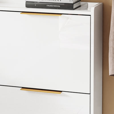 SoBuy FSR206-GW, Narrow Shoe Cabinet - 19cm Slim Hallway Shoe Storage Cabinet with High Gloss White Finish, Gold Handles, Anti-Slip Pads, E1 Board, Easy Assembly - 100x19x90cm