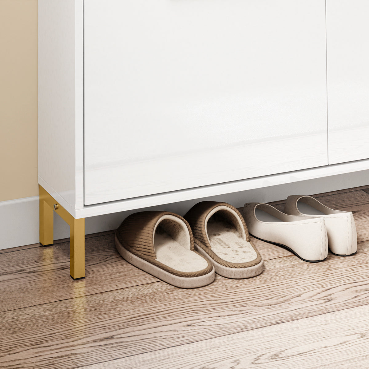 SoBuy FSR206-GW, Narrow Shoe Cabinet - 19cm Slim Hallway Shoe Storage Cabinet with High Gloss White Finish, Gold Handles, Anti-Slip Pads, E1 Board, Easy Assembly - 100x19x90cm