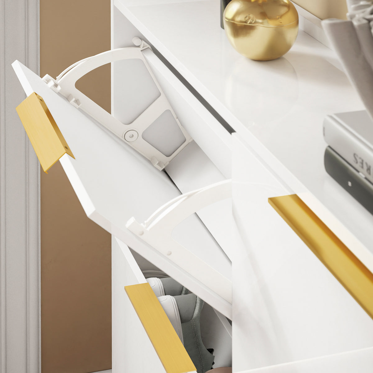 SoBuy FSR206-GW, Narrow Shoe Cabinet - 19cm Slim Hallway Shoe Storage Cabinet with High Gloss White Finish, Gold Handles, Anti-Slip Pads, E1 Board, Easy Assembly - 100x19x90cm