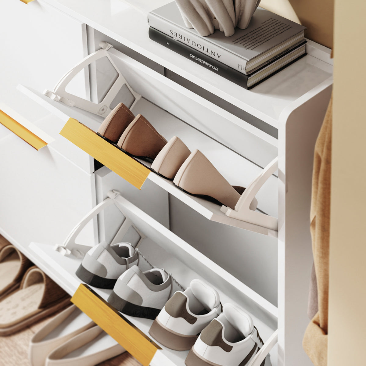SoBuy FSR206-GW, Narrow Shoe Cabinet - 19cm Slim Hallway Shoe Storage Cabinet with High Gloss White Finish, Gold Handles, Anti-Slip Pads, E1 Board, Easy Assembly - 100x19x90cm