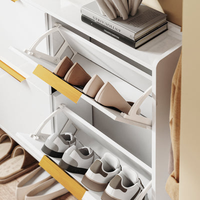 SoBuy FSR206-GW, Narrow Shoe Cabinet - 19cm Slim Hallway Shoe Storage Cabinet with High Gloss White Finish, Gold Handles, Anti-Slip Pads, E1 Board, Easy Assembly - 100x19x90cm