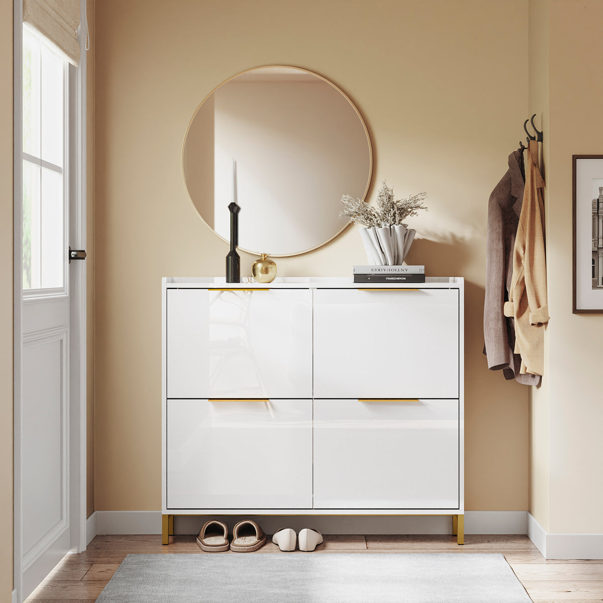 SoBuy FSR206-GW, Narrow Shoe Cabinet - 19cm Slim Hallway Shoe Storage Cabinet with High Gloss White Finish, Gold Handles, Anti-Slip Pads, E1 Board, Easy Assembly - 100x19x90cm