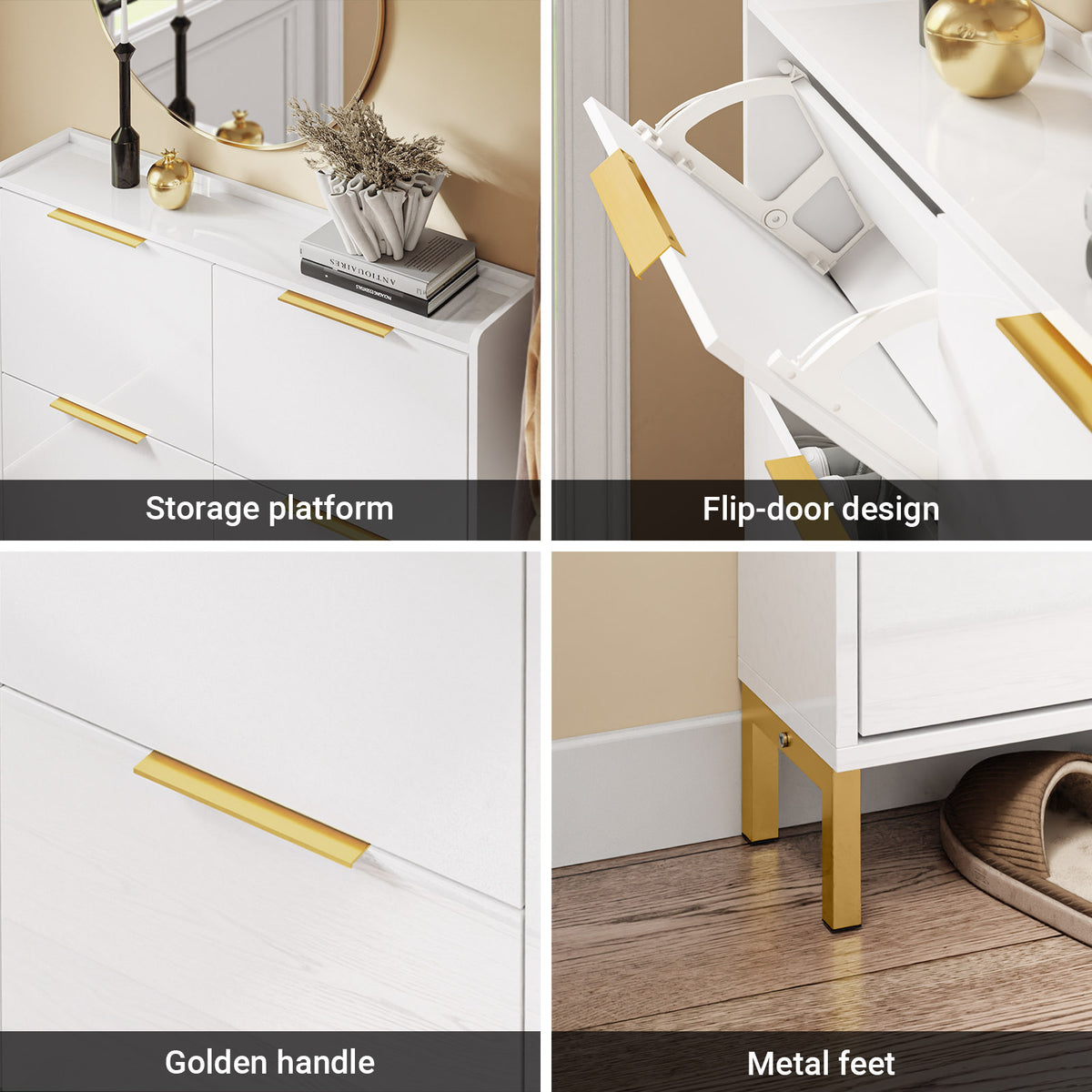 SoBuy FSR206-GW, Narrow Shoe Cabinet - 19cm Slim Hallway Shoe Storage Cabinet with High Gloss White Finish, Gold Handles, Anti-Slip Pads, E1 Board, Easy Assembly - 100x19x90cm