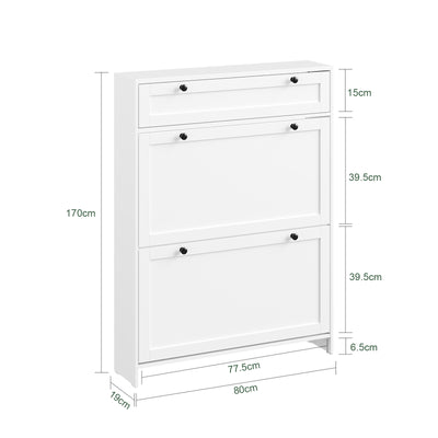 SoBuy FSR207-W, Narrow Shoe Cabinet Shoe Storage Cabinet – Slim Design for Small Spaces – White MDF Shoe Rack with 2 Flip Doors & Drawer – Holds Up to 8 Pairs of Shoes – 80x19x107 cm