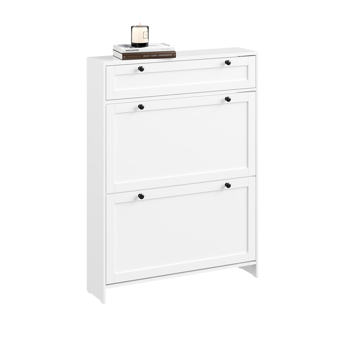 SoBuy FSR207-W, Narrow Shoe Cabinet Shoe Storage Cabinet – Slim Design for Small Spaces – White MDF Shoe Rack with 2 Flip Doors & Drawer – Holds Up to 8 Pairs of Shoes – 80x19x107 cm