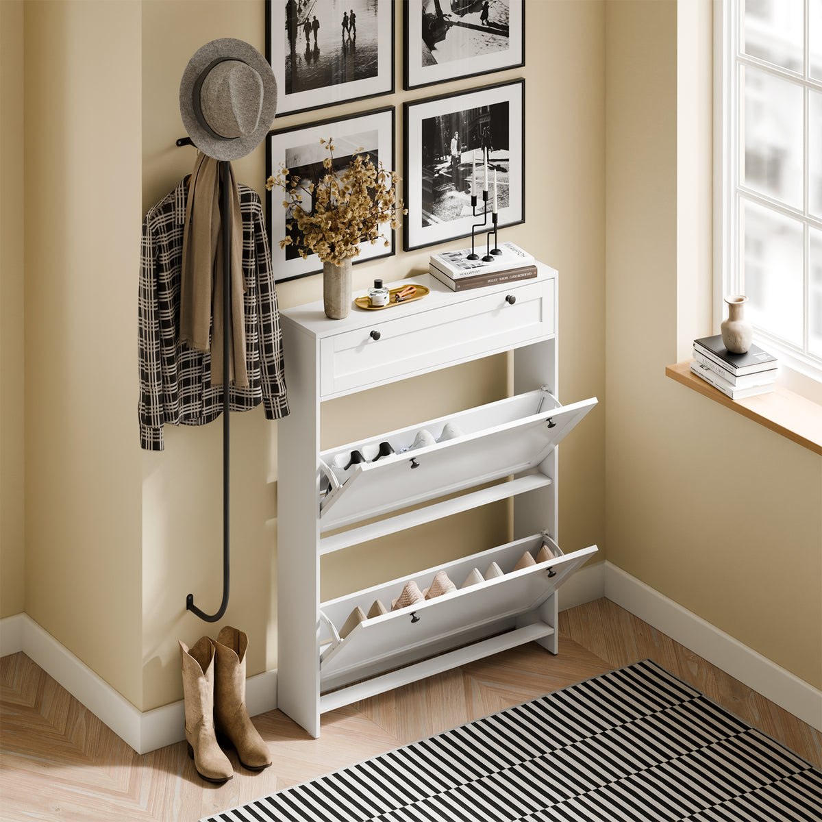 SoBuy FSR207-W, Narrow Shoe Cabinet Shoe Storage Cabinet – Slim Design for Small Spaces – White MDF Shoe Rack with 2 Flip Doors & Drawer – Holds Up to 8 Pairs of Shoes – 80x19x107 cm