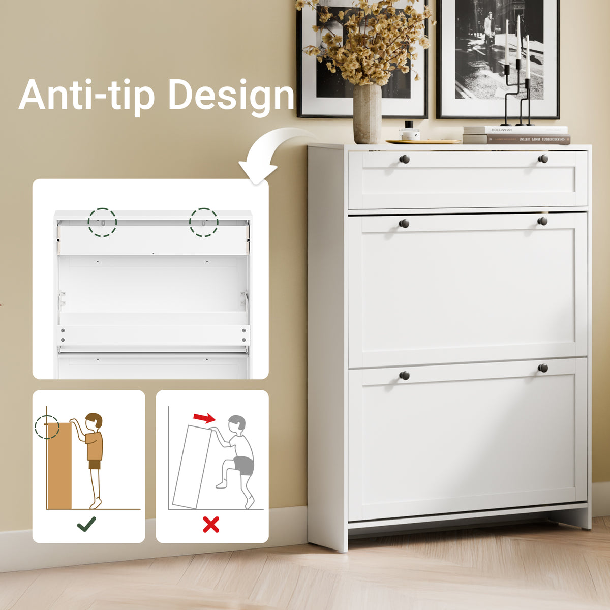 SoBuy FSR207-W, Narrow Shoe Cabinet Shoe Storage Cabinet – Slim Design for Small Spaces – White MDF Shoe Rack with 2 Flip Doors & Drawer – Holds Up to 8 Pairs of Shoes – 80x19x107 cm