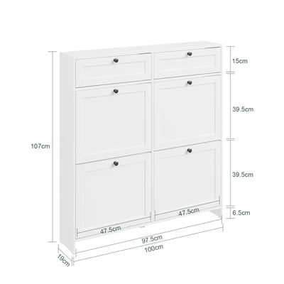 SoBuy FSR208-W, Narrow Shoe Cabinet Shoe Storage Cabinet – Slim Design for Small Spaces – White MDF Shoe Rack with 4 Flip Doors & 2 Drawer – Holds Up to 12 Pairs of Shoes – 100x19x107cm