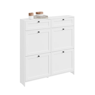 SoBuy FSR208-W, Narrow Shoe Cabinet Shoe Storage Cabinet – Slim Design for Small Spaces – White MDF Shoe Rack with 4 Flip Doors & 2 Drawer – Holds Up to 12 Pairs of Shoes – 100x19x107cm