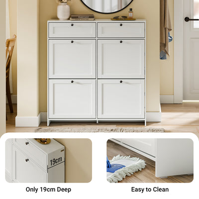 SoBuy FSR208-W, Narrow Shoe Cabinet Shoe Storage Cabinet – Slim Design for Small Spaces – White MDF Shoe Rack with 4 Flip Doors & 2 Drawer – Holds Up to 12 Pairs of Shoes – 100x19x107cm