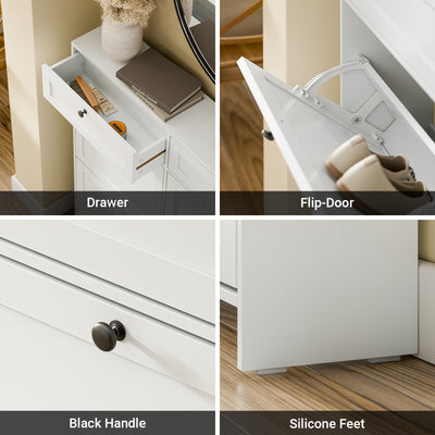 SoBuy FSR208-W, Narrow Shoe Cabinet Shoe Storage Cabinet – Slim Design for Small Spaces – White MDF Shoe Rack with 4 Flip Doors & 2 Drawer – Holds Up to 12 Pairs of Shoes – 100x19x107cm