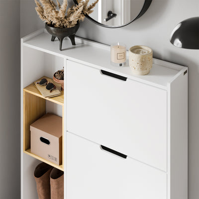 SoBuy FSR209-WN, Narrow Shoe Cabinet Shoe Storage Cabinet - Slim Design for 9 Pairs of Shoes, Bamboo and White MDF, Space-Saving - Ideal for Small Spaces, Hallways, 90cm x 19cm x 129.5cm