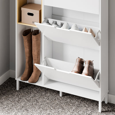 SoBuy FSR209-WN, Narrow Shoe Cabinet Shoe Storage Cabinet - Slim Design for 9 Pairs of Shoes, Bamboo and White MDF, Space-Saving - Ideal for Small Spaces, Hallways, 90cm x 19cm x 129.5cm