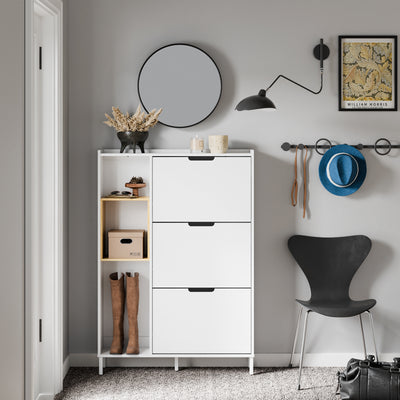 SoBuy FSR209-WN, Narrow Shoe Cabinet Shoe Storage Cabinet - Slim Design for 9 Pairs of Shoes, Bamboo and White MDF, Space-Saving - Ideal for Small Spaces, Hallways, 90cm x 19cm x 129.5cm