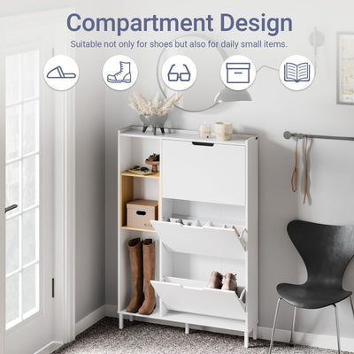SoBuy FSR209-WN, Narrow Shoe Cabinet Shoe Storage Cabinet - Slim Design for 9 Pairs of Shoes, Bamboo and White MDF, Space-Saving - Ideal for Small Spaces, Hallways, 90cm x 19cm x 129.5cm