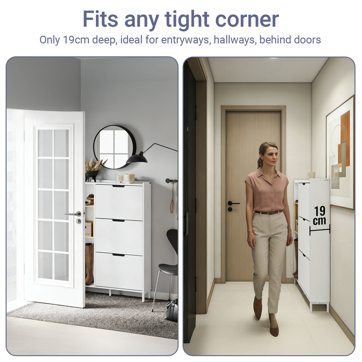 SoBuy FSR209-WN, Narrow Shoe Cabinet Shoe Storage Cabinet - Slim Design for 9 Pairs of Shoes, Bamboo and White MDF, Space-Saving - Ideal for Small Spaces, Hallways, 90cm x 19cm x 129.5cm
