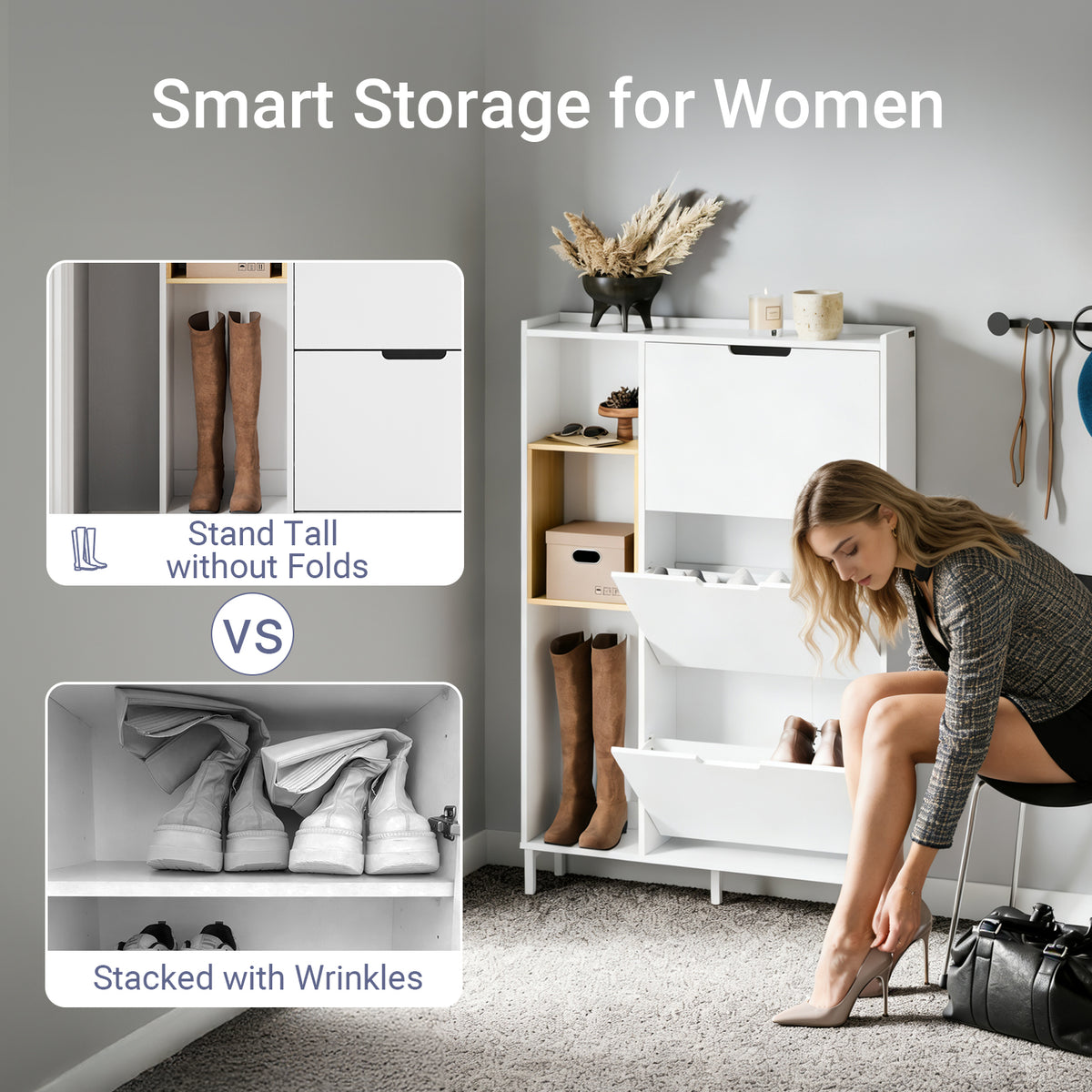 SoBuy FSR209-WN, Narrow Shoe Cabinet Shoe Storage Cabinet - Slim Design for 9 Pairs of Shoes, Bamboo and White MDF, Space-Saving - Ideal for Small Spaces, Hallways, 90cm x 19cm x 129.5cm