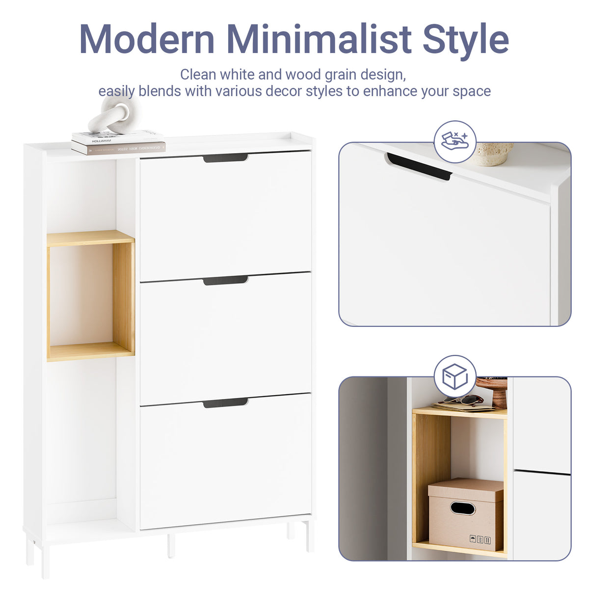 SoBuy FSR209-WN, Narrow Shoe Cabinet Shoe Storage Cabinet - Slim Design for 9 Pairs of Shoes, Bamboo and White MDF, Space-Saving - Ideal for Small Spaces, Hallways, 90cm x 19cm x 129.5cm