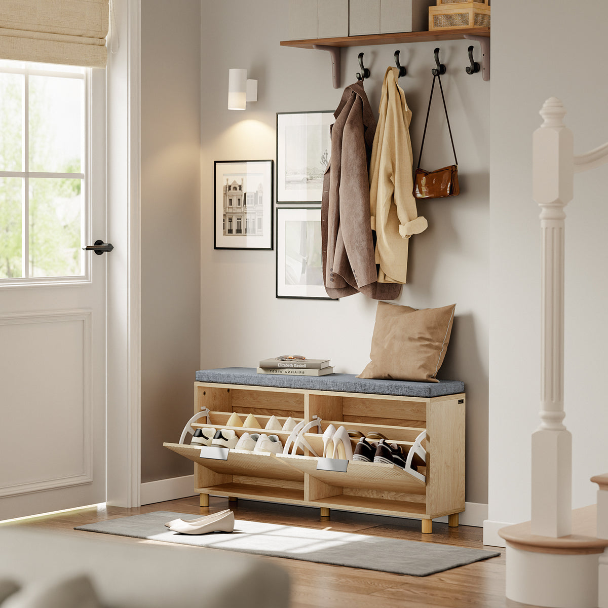 Pre-sale SoBuy FSR211-N, Narrow Shoe Storage Bench with 2 Flip Drawers, Hallway Bench with Cushion for Small Spaces, Wooden, 100×24×50 cm