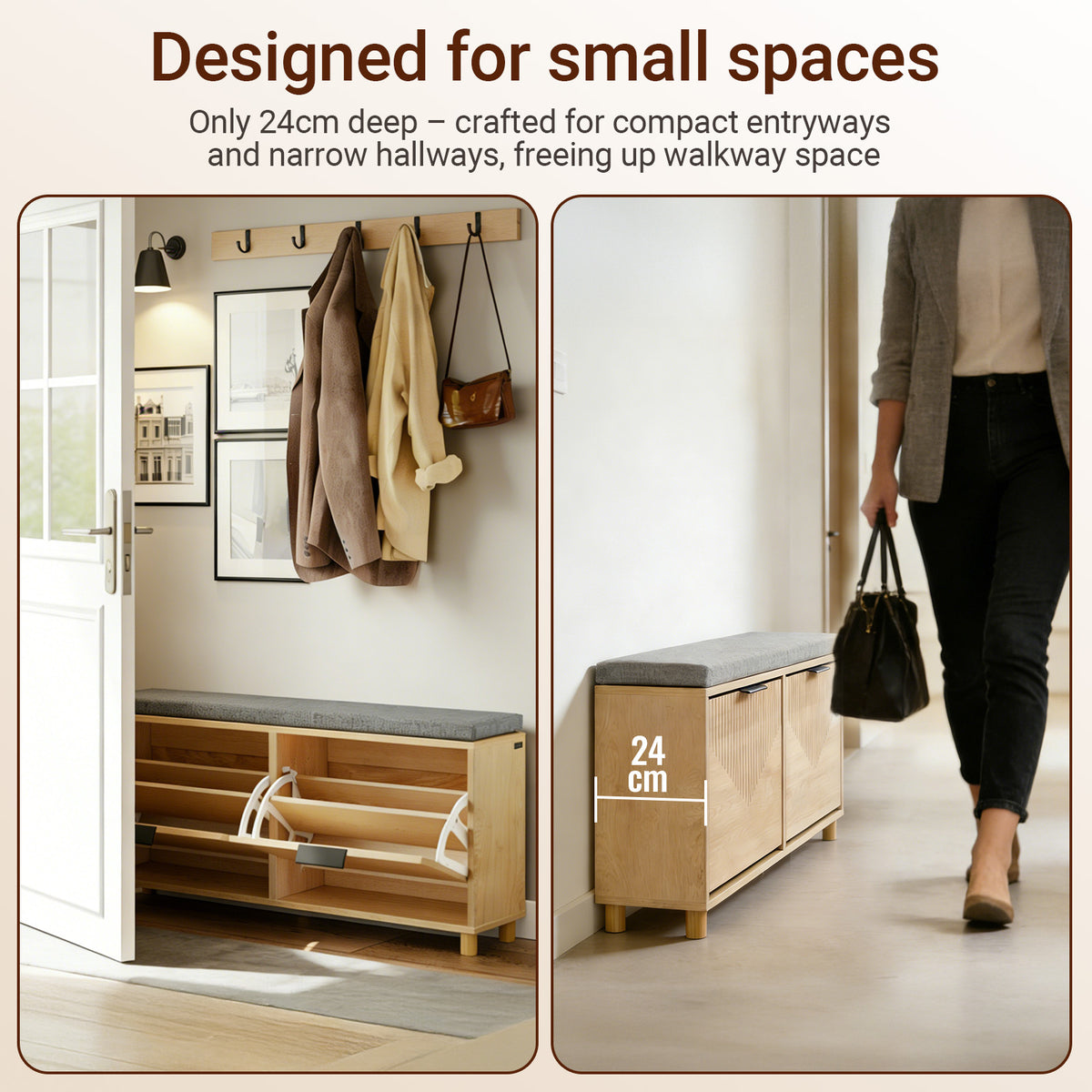 SoBuy FSR211-N, Narrow Shoe Storage Bench with 2 Flip Drawers, Hallway Bench with Cushion for Small Spaces, Wooden, 100×24×50 cm