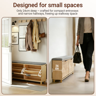 SoBuy FSR211-N, Narrow Shoe Storage Bench with 2 Flip Drawers, Hallway Bench with Cushion for Small Spaces, Wooden, 100×24×50 cm