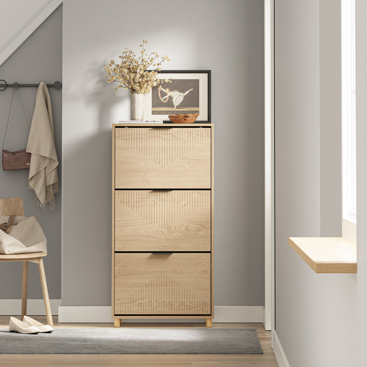 Pre-sale SoBuy FSR213-N, Slim Wooden Shoe Storage Cabinet, Narrow 24cm Shoe Cabinet with 3 Flip Drawers for Hallway, 60×24×120 cm, Fits up to EU 47