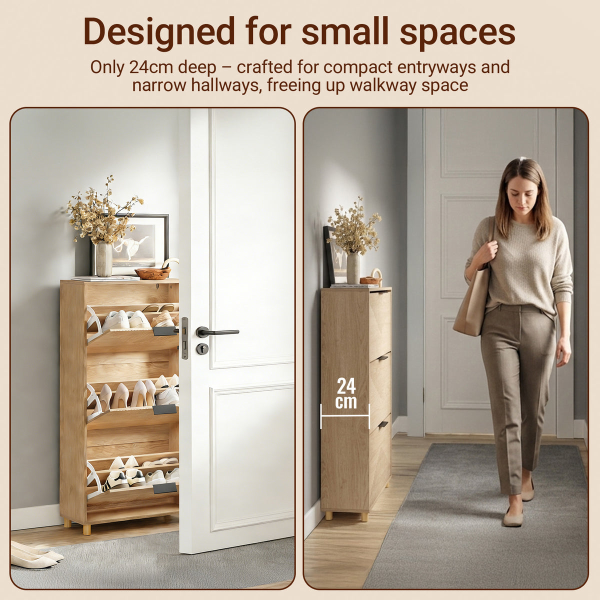 Pre-sale SoBuy FSR213-N, Slim Wooden Shoe Storage Cabinet, Narrow 24cm Shoe Cabinet with 3 Flip Drawers for Hallway, 60×24×120 cm, Fits up to EU 47