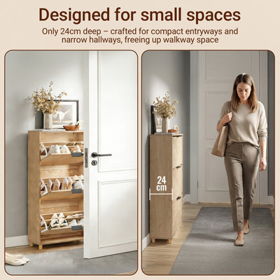 Pre-sale SoBuy FSR213-N, Slim Wooden Shoe Storage Cabinet, Narrow 24cm Shoe Cabinet with 3 Flip Drawers for Hallway, 60×24×120 cm, Fits up to EU 47