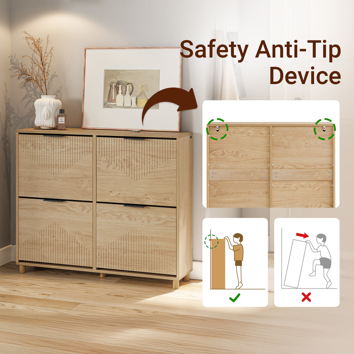SoBuy FSR214-N, Large Shoe Storage Cabinet with 4 Flip Drawers, Wooden Slim Shoe Cupboard, Fits up to EU 47, 100×24×83 cm