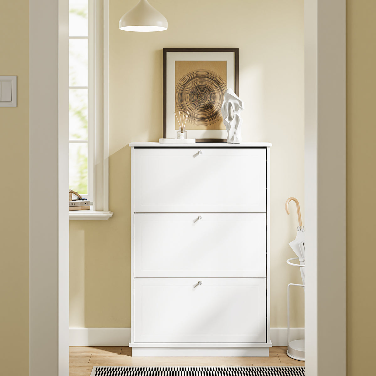 Pre-sale SoBuy FSR215-W, Slim 19cm Shoe Storage Cabinet with 3 Flip Drawers, Fits up to EU 47, White, 76x18x113 cm