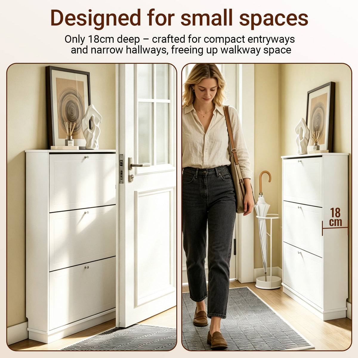 Pre-sale SoBuy FSR215-W, Slim 19cm Shoe Storage Cabinet with 3 Flip Drawers, Fits up to EU 47, White, 76x18x113 cm
