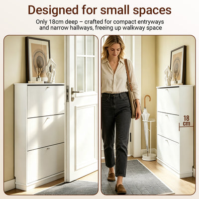 Pre-sale SoBuy FSR215-W, Slim 19cm Shoe Storage Cabinet with 3 Flip Drawers, Fits up to EU 47, White, 76x18x113 cm